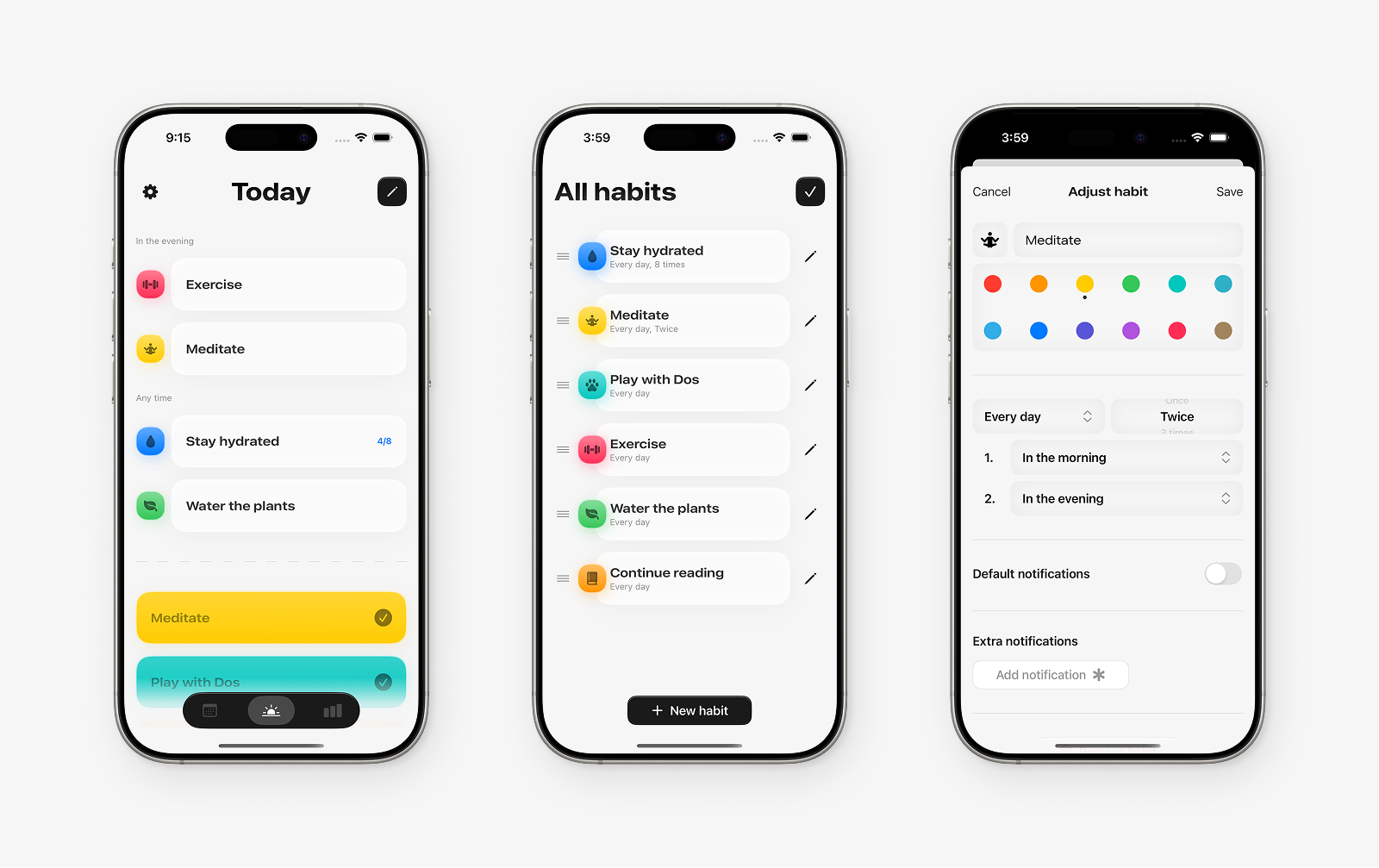 Daily overview, Edit mode, Habit creation form